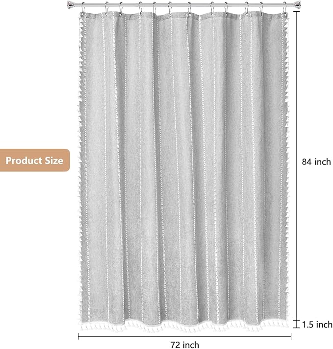 72 x 84 inch Extra Long Boho Chic Shower Curtain Heavyweight with Tassels, Grey Linen Textured Fabric Farmhouse Shower Curtain, Elegant Gray & White Striped Bathroom Curtain Water Repellent