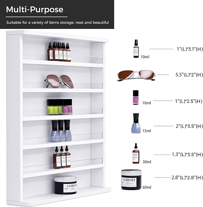 Kikihouse Wood Nail Polish Rack 2 Packs, Wall Mount Nail Polish Organizer, 6 Layers Nail Salon Storage Display Shelves Perfume Essential Oil Bottles Holder w/Acrylic Baffle, White