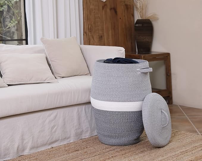 26"x20" Handcrafted Tall Cotton Rope Basket with Lid, Stylish Flagon Shape with Cover, Clothes Hamper with Top, for Bedroom and Living Room, Dual Grey