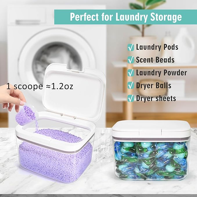 Pensino Laundry Pods Container Laundry Pod Holder with Lid, Laundry Room Storage Container for Detergent Pods Laundry Powder Scent Booster Container with Scoop (2 Pack)