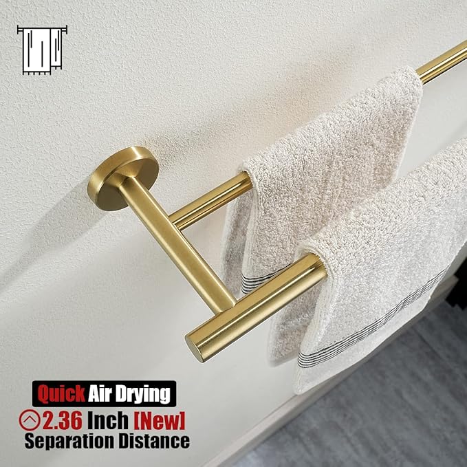 JQK Double Bath Towel Bar, Brushed Gold 33 Inch 304 Stainless Steel Thicken 0.8mm Towel Rack for Bathroom, Towel Holder Wall Mount, Useable Length 30 Inch, TB100L30-BG