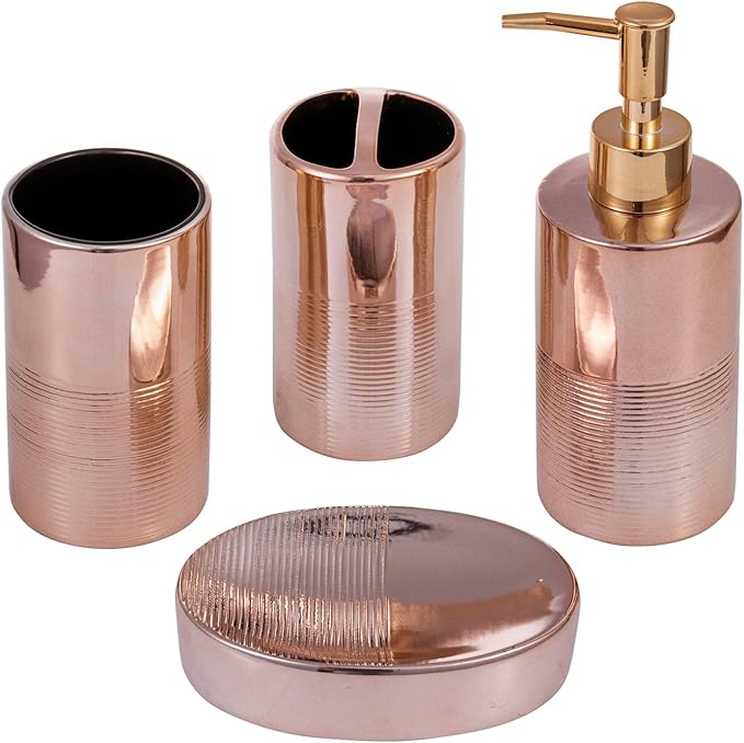 MyGift 4 Pcs Ceramic Bathroom Accessories Set, Toothbrush Holder with Lotion Soap Dispenser, Soap Dish, Tumbler, Pink Bathroom Set for Girl, Rose Gold Bathroom Decor