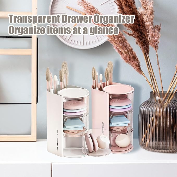 WCHOSOZH 3-Tier Clear Hair Accessories Organizer with Hair Brushes Holder, Rotatable Drawer Makeup Sponge Holder Desktop Organizer Case for Makeup Brush Lipsticks Q-tip Cotton Swab Stationery (White)