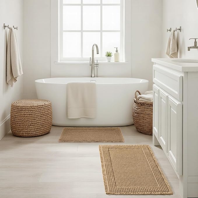 MIULEE Set of 2 Waffle Bathroom Rugs, Boho Bath Rug Super Absorbent, Non Slip Washable Ultra Soft Rubber Backed Shower Bath Mats for Floor, Tub, Shower, Bordered Design, Brown, 17"x24"+18"x30"
