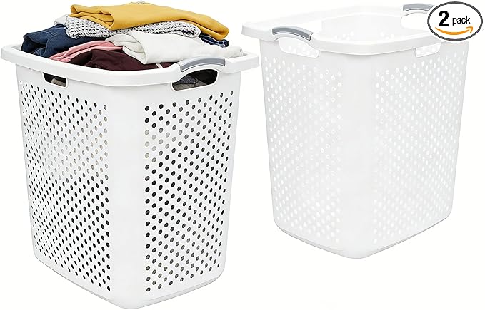 2-Pack 2.5 Bushel Large White Plastic Laundry Baskets - Heavy Duty Hamper with 4 Handles & Ventilation Holes, Space-Saving Storage for Laundry Room, Apartment, Dorm, Bedroom, Bathroom