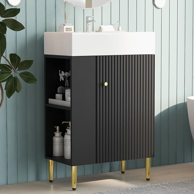 Virubi 21.6 in Small Bathroom Vanity with Sink,Doors and Storage Shelves,Wood Modern Single Fluted Bathroom Sink Cabinet Freestanding (Black,Left Shelf)