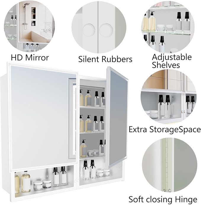 32 x 26 Inches Bathroom Medicine Cabinet with Mirror, Double Door Wall Mounted Mirror Cabinet, Surface or Recessed Mount White Bathroom Storage Cabinet