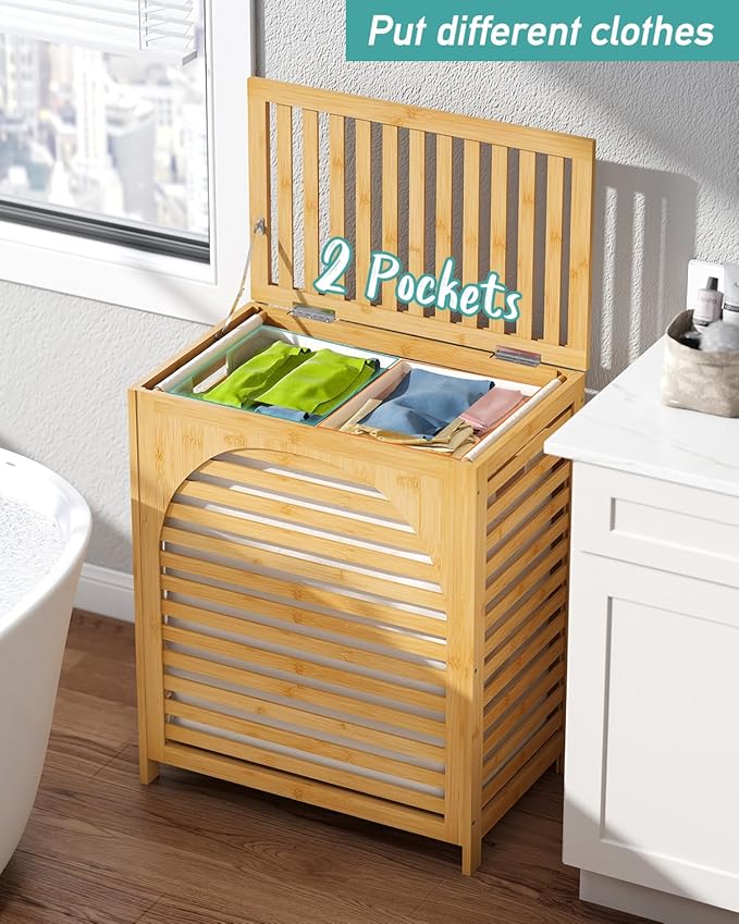 Laundry Hamper with Lid, 27.3 Gallon (103L) Bamboo Wood Clothes Laundry Basket with Lid and Handles, Removable Liner