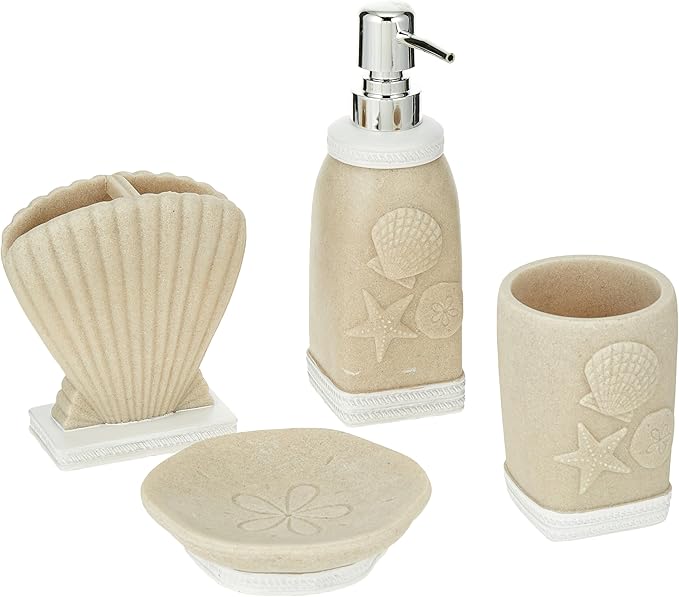 Sweet Home Collection Bathroom Accessories Unique Collections Modern Classic Contemporary Decorative Beautiful Designs Bath Shower Tub Décor, 4 Piece Set, Coastal (Pack of 1)