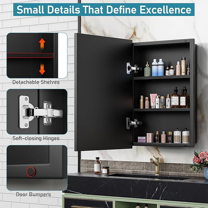 16 x 24 Inch Recessed Medicine Cabinet, Metal Cabinet with Adjustable Shelves, Wall Mounted Black Cabinet for Bathroom