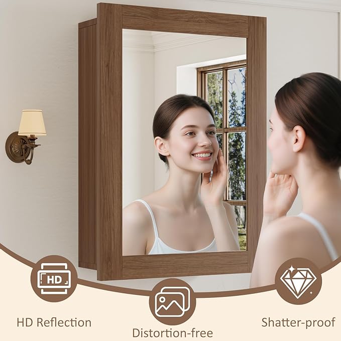Buruis 20 x 28 Inch Walnut Grain Medicine Cabinet with Mirror, Recessed or Wall-Mounted Wood Storage Cabinet for Bathroom, Adjustable Shelves, Soft-Close Hinges, Rectangle