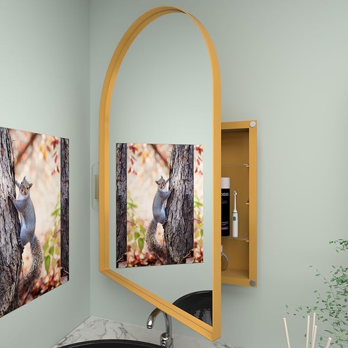 24" WX36 H Farmhouse Framed Medicine Cabinet with Mirror, Matte Gold Finish, Recessed or Surface Mount, Adjustable Shelves, Arched Cabinet Door, Arched Shape, Easy to Install, 24x36 Cabinet
