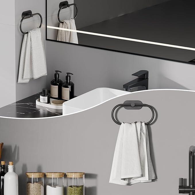 Adhesive Towel Holder for Bathroom Matte Black No Drill Hand Towel Ring Stainless Steel and Zinc Alloy Self Adhesive Towel Hanger for Bath, Kitchen