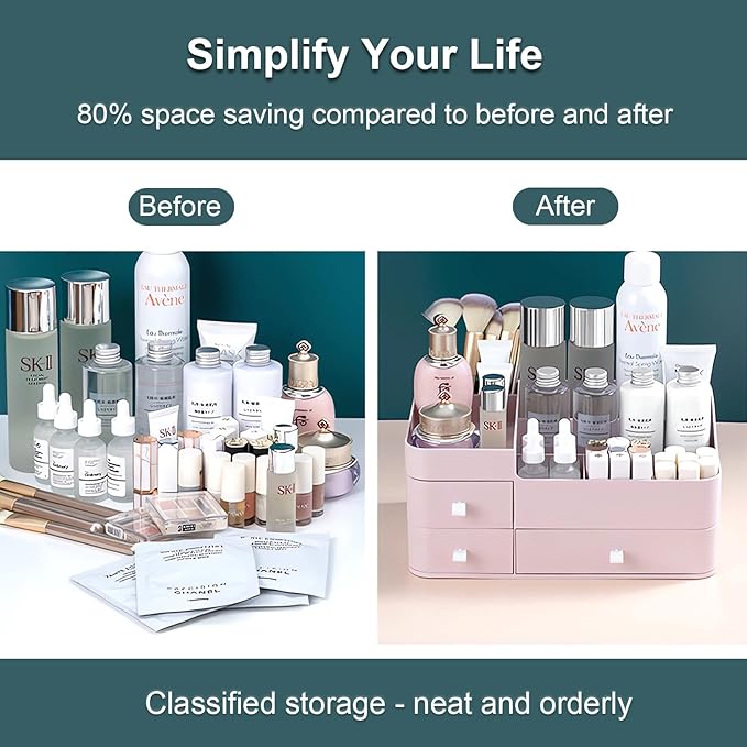 Makeup Organizer for Vanity, Large Countertop Organizer with Drawers, Cosmetics Storage for Cosmetics, Lipsticks, Jewelry, Nail Care, Skincare, Ideal for Bedroom and Bathroom Countertops (Pink)
