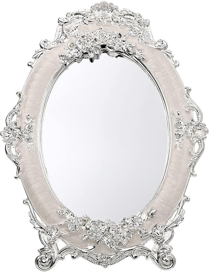 JUXYES Small Tabletop Dressing Mirror Vintage Metal Desktop Mirror with Stand, Antique Embossed Roses Countertop Makeup Mirror Retro Oval Cosmetic Decorative Mirrors for Table Centerpieces