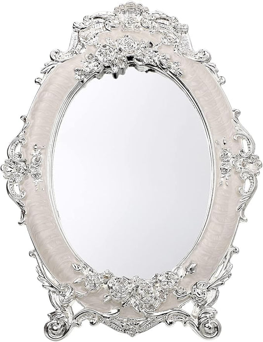 JUXYES Small Tabletop Dressing Mirror Vintage Metal Desktop Mirror with Stand, Antique Embossed Roses Countertop Makeup Mirror Retro Oval Cosmetic Decorative Mirrors for Table Centerpieces