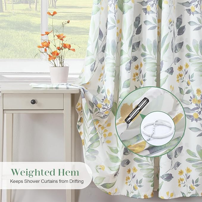 Sage Green Yellow Leaf Floral Shower Curtain, Watercolor Plant Fabric Shower Curtain, Waterproof Decorative Boho Botanical Bathroom Curtains, 72" W x 78" H