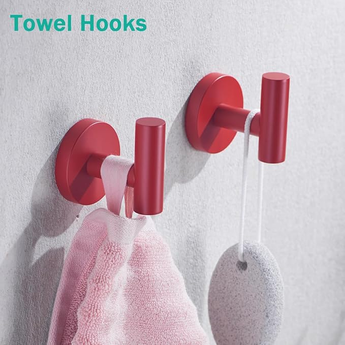 Red Bathroom Accessories Set,5 Pieces Bathroom Hardware Set,24 inch Towel Bar,Towel Ring for Bathroom,Robe Towel Hooks,Toilet Paper Holder Wall Mounted(Drilling),SE96006S-5RED