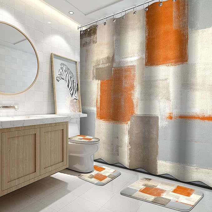 Lnond 4Pcs Bathroom Shower Curtain Sets with Rugs,Orange Modern Painting Art Bathroom Sets with Shower Curtain and Rugs and Accessories