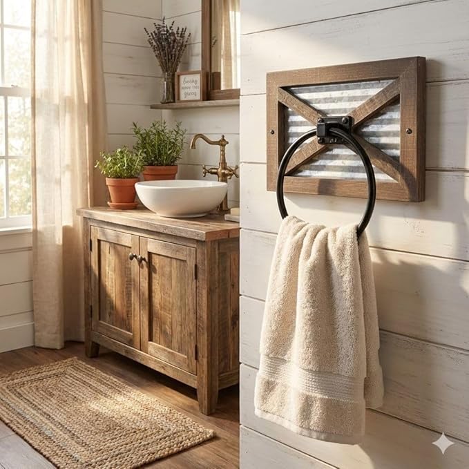 Autumn Alley Rustic Towel Holder for Bathroom, Farmhouse Hand Towel Holder, Rustic Towel Rack Holder, Wall Mounted, Western Bathroom Decor, Wood Country Decor, Galvanized Metal, Black Ring