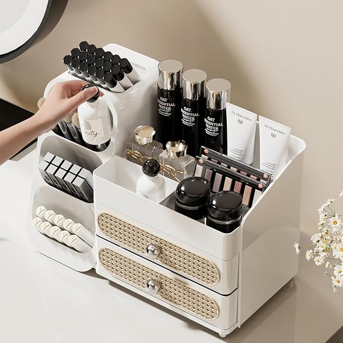 Booklov Makeup Organizer for Vanity, Large Capacity Cosmetic Display Case with Drawers, Countertop Beauty Storage Holder for Skincare, Brush Eyeliner Perfume Eyeshadow Lipsticks, Counter Desk, White