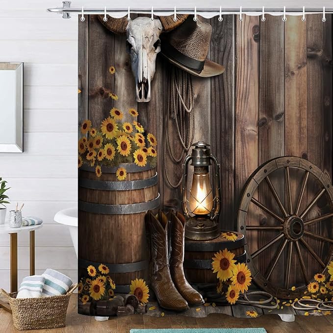 4Pcs Brown Cowboy Shower Curtain Rustic Theme Western Bathroom Set with Non-Slip Rugs, Rustic Farmhouse Shower Curtain with Sunflower and Barn Design, Washable Fabric, 12 Plastic Hooks