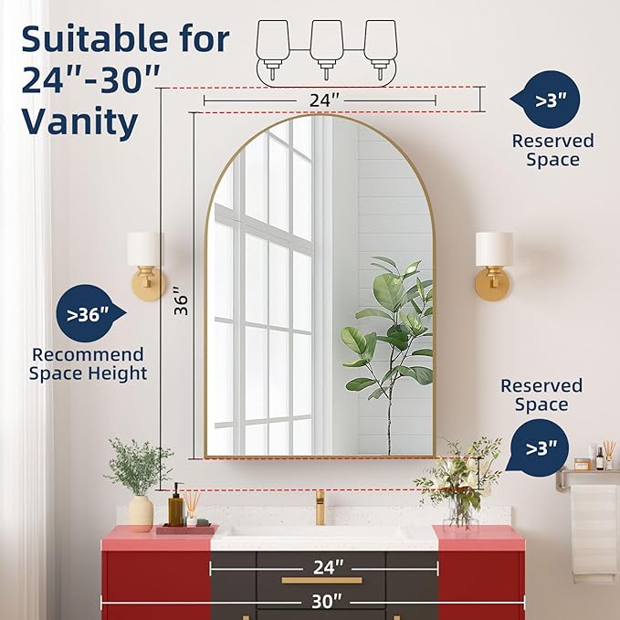 Medicine Cabinets for Bathroom, Gold Arched Medicine Cabinet Recessed or Surface Wall-Mounted,Modern Bathroom Vanity Mirror with Storage, Mirrored Cabinet with Adjustable Shelves,24x36 Inch