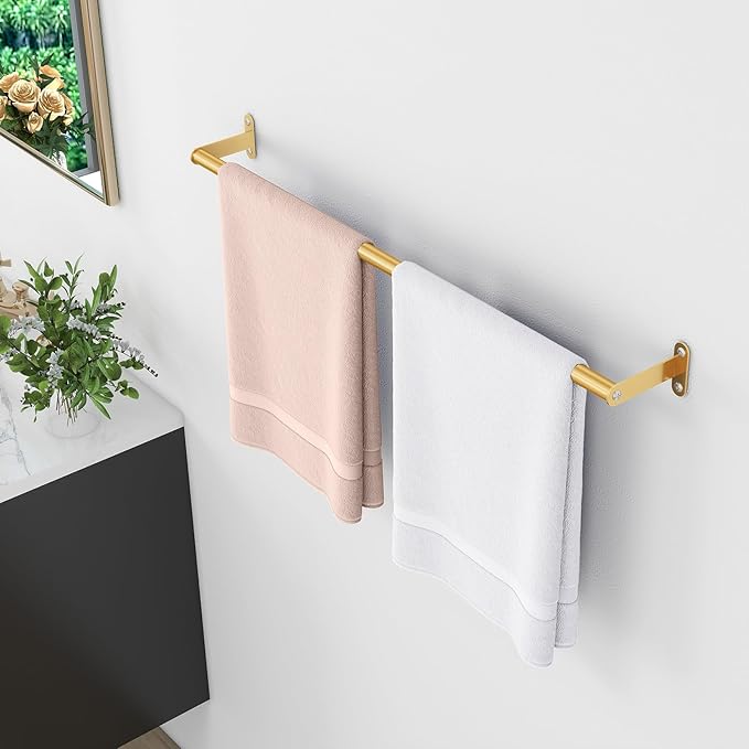 MKO Bathroom Towel Bar, 24 Inch Towel Rod for Bathroom, Heavy Duty Bath Hand Towel Holder Wall, Single Rod, Gold, Easy of Installation