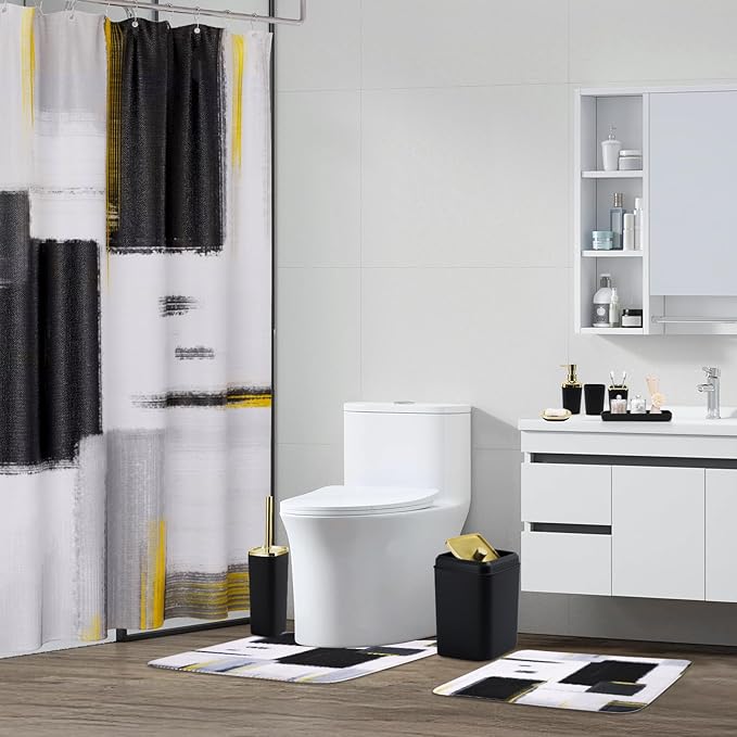 XLHOMO Bathroom Set - Black Bathroom Accessories Set, Bathroom Sets with Shower Curtain and Rugs, Black Shower Curtain Set with Bathroom Trash Can, Soap Dispenser, Soap Dish for Home Decor