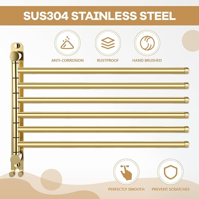 Teenyyou 16.5 Inches Swivel Towel Rack 304 Stainless Steel 6 Arms Bathroom Towel Rack Hanger Pool Holder Wall Mounted Swivel Bar Space Saving with Hook(Gold)