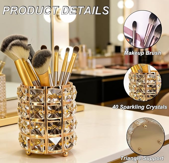 Makeup Brush Holder Organizer Crystal Bling Cosmetic Storage Box for Brushes, Combs & Pens, Candle Holder Container???Gold???