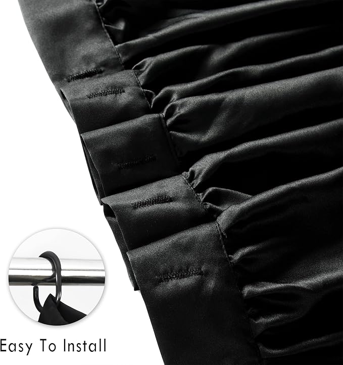 Black Ruffle Shower Curtain, Vintage Handcrafted Bow Tie Bath Curtain for Master Bathroom, Ruched Satin Bathroom Curtain with 12 Buttonholes, 72" W x 84" H (LQ-10)