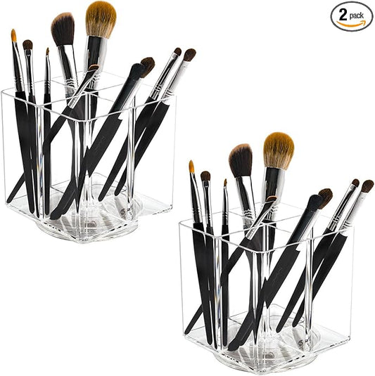 Clear Makeup Brush Holder,Acrylic Rotating 360°Makeup Brush Organizer,Pen holder with 4 Grids,Makeup Holder for Courtup,Containers for Desk,2pc