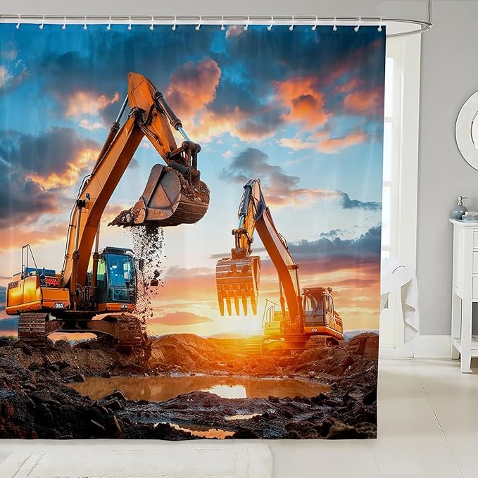 Feelyou Boys Car Bath Curtain Excavator Truck Shower Curtain for Kids Children Men Construction Vehicles Print Bathroom Shower Curtain Set Soft Heavy Machinery Cars Decor Waterproof 72"x78"