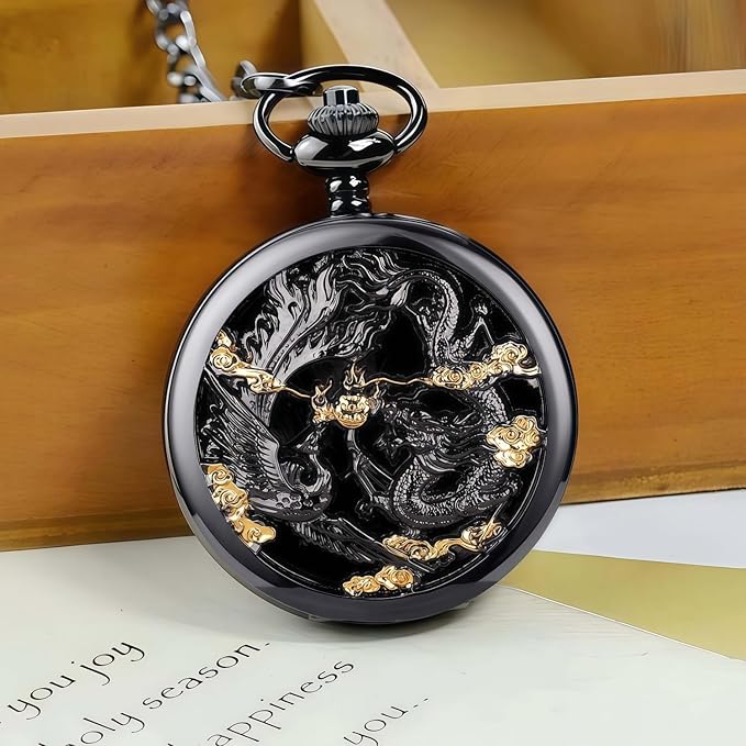 ManChDa Scrying Mirror Black Obsidian Mirror Lucky Dragon & Phoenix Pocket Watch Shell Witchcraft Kit Wiccan Supplies and Tools Witchy Gifts, Black Gold