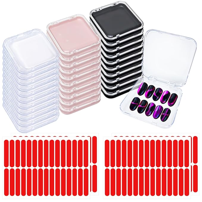 Press on Nail Box,30 Sets Display Case Artificial Nails Display Storage Box with 60 Pcs Adhesive Double Sided Tape Press On Nail Packaging for Nail Salon