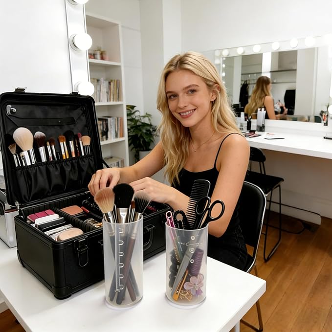 Retractable Travel Makeup Brush Holder, Clear Plastic Brush Cup with Lid, Portable Brushes Organizer for Makeup Artists | Vanity, Multi-Purpose Pen Pencil Container & Straw Holder, 3pcs
