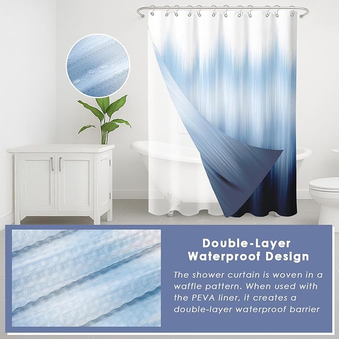 Britimes Navy Blue Stripes Bathroom Sets with Shower Curtain and Rugs, Ombre Modern Abstract Waterproof Shower Curtain Liner and Soft Non Slip Bath Mat for Bathroom Decor and Accessories Hooks