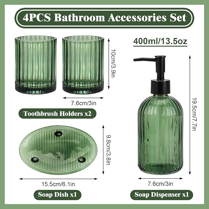 Topsky 4 Pcs Glass Bathroom Accessories Set,13.5oz Liquid Hand Soap Dispenser with Toothbrush Holder,Mouthwash Cup,Soap Dish for Bathroom Countertop,Vertical Stripe Design,Heavy Weight,Army Green