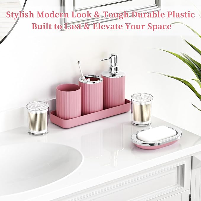 XLHOMO 24 PCS Pink Bathroom Accessories Set with Shower Curtain and Rugs, Bathroom Sets with Extra Soft and Absorbent Bath Rugs Shower Curtain Pink Bathroom Sets for Bath