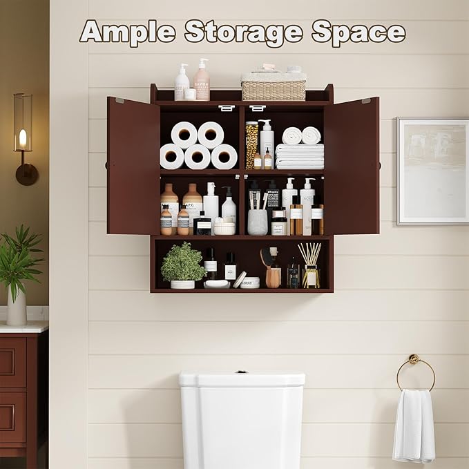 EasyCom 22" W x 26" H Bathroom Wall Cabinet, Farmhouse Medicine Cabinet with Adjustable Shelves and 2 Barn Doors, Over The Toilet Storage Cabinet for Bathroom, Kitchen, Living Room, Russet