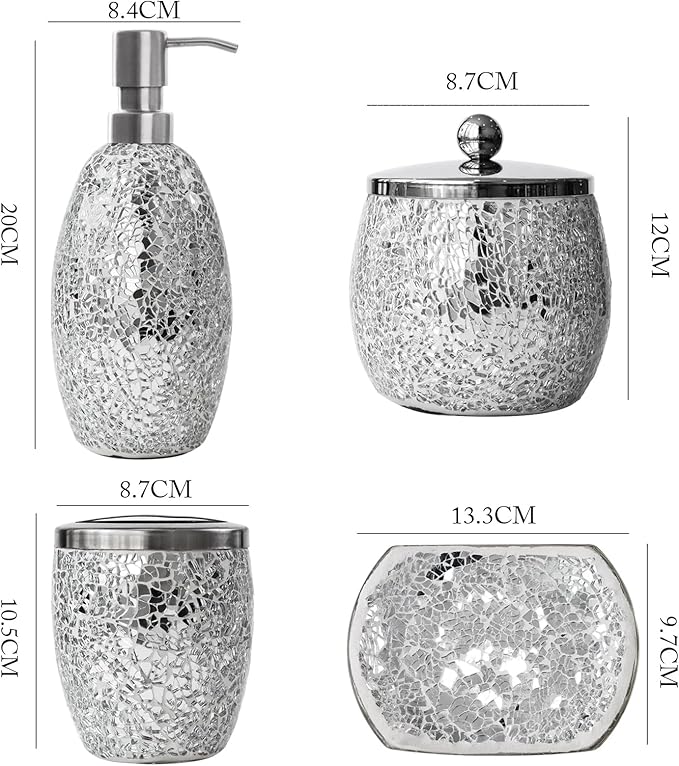 Escenzy Modern Silver Bathroom Accessories Sets 4 Pcs | Luxurious Soap Dispenser, Toothbrush Holder, Cotton Glass Jar, Soap Tray | Silver Bathroom Decor | Mosaic Glass Bathroom Accessories