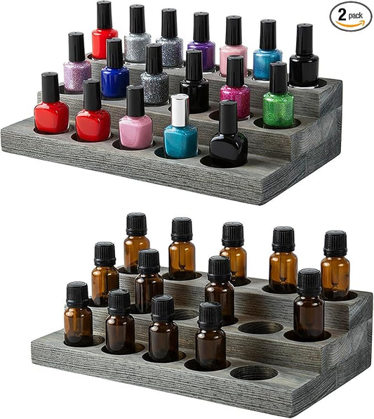 MyGift Set of 2 Vintage Gray Wood 3-Tier Essential Oil Display Stands, Countertop Organizer Rack for 17 Bottles Each