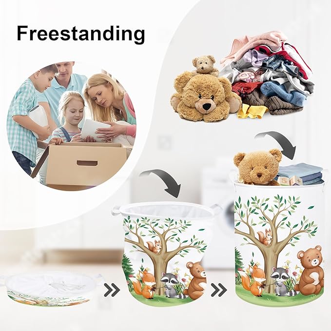Forest Animals Laundry Hamper Woodland Tree Large Storage Basket Parents Organizer Kids Clothes Toy Bins for Bedroom, Bathroom, Bear, 63L