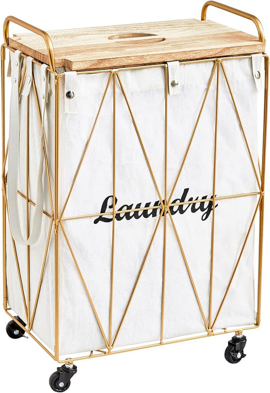 Mxfurhawa Iron Wire Laundry Hamper With Rolling Lockable Wheels, FoldinLaundry Storage Basket with Handles,Detachable Liner Collapsible Dirty Laundry Cart Sorter Clothes Basket Organizer (81-Gold)