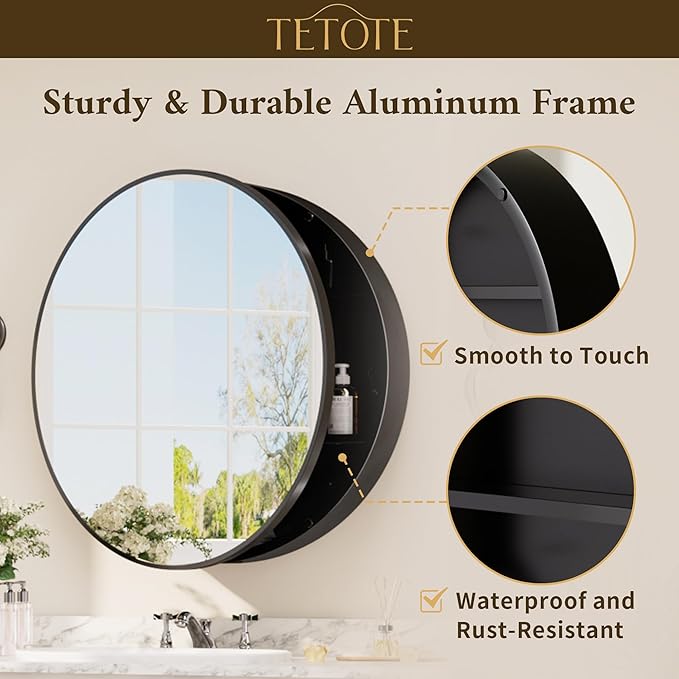 TETOTE Bathroom Mirror Cabinet 30 x 30 Black Round Bathroom Medicine Cabinet with Mirror Adjustable Shelves Farmhouse Wall Mirror with Storage Surface Mounted