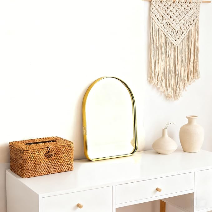 Funly mee Arched Wall Mirror, 7.9 x 11.8 inches, Wall-Mounted Plastic Mirror, for Bathroom and Vanity (Gold, 7.9 x11.8)