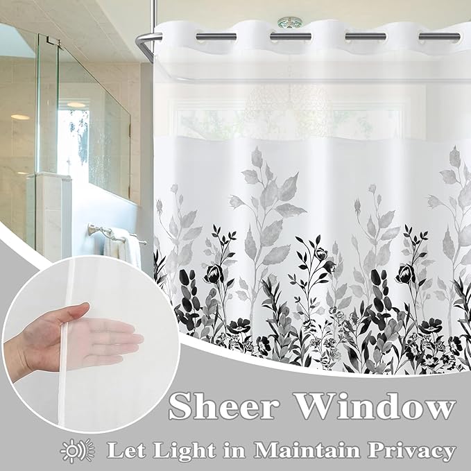 Neasow No Hook Shower Curtain with Snap in Liner, Plant and Flower Curtains with Waterproof Inner Liner for Bathroom, Black and Grey 72×74 inches