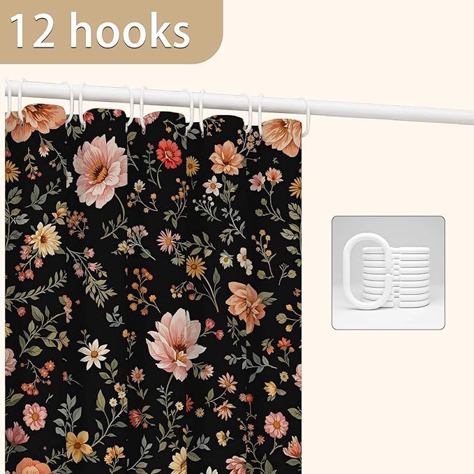 Black Floral Shower Curtain，Cute Dark Wildflower Rustic Flower Blossom Farmhouse Leaves Botanical Cloth Fabric ，Waterproof Polyester Bathroom Home Decor Set with 12 Hooks，72 x 72 Inch