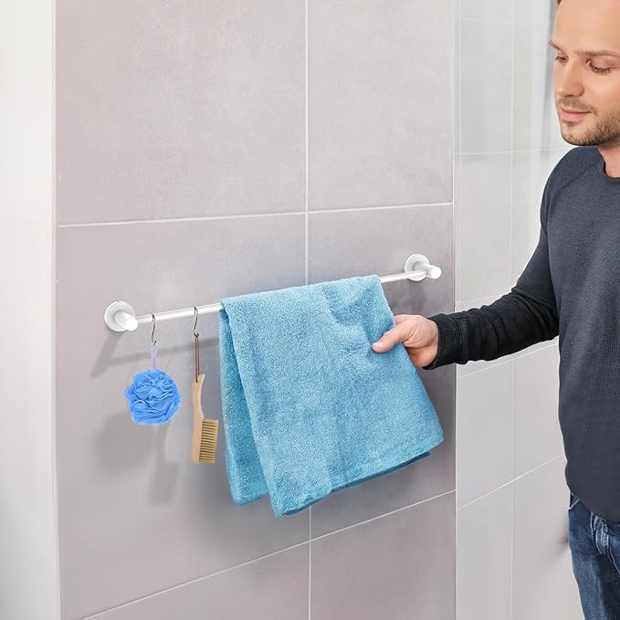 Adjustable Single Bath Towel Bar 16 to 27.6 Inch, ZUEXT Oil Rubbed White Stainless Steel Towel Holder Hanger,Expandable Wall Mount Towel Rail for Bathroom Kitchen,1" Tube Towel Rail Racks w/Hooks